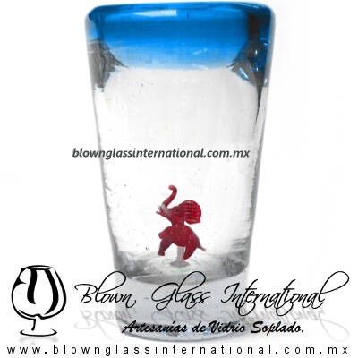 Tequilero Cónico con Elefante y borde Aguamarina (Aqua) . Fábrica de Vidrio Soplado Artesanal, made in México - Blown Glass Factory Store Tonala, Handcraft, Handmade.