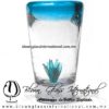 Tequilero Cónico con Agave y borde Azul Aguamarina. Fábrica de Vidrio Soplado Artesanal, made in México - Blown Glass Factory Store Tonala, Handcraft, Handmade.