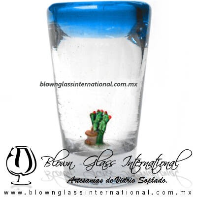Tequilero Cónico con Nopal-Rancherito y Borde de Color Azul Aguamarina (Aqua). Fábrica de Vidrio Soplado Artesanal, made in México - Blown Glass Factory Store Tonala, Handcraft, Handmade.