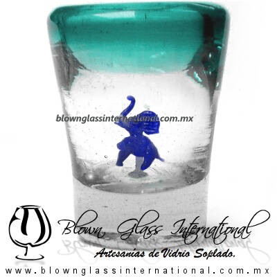 Tequilero Cónico con Elefante y borde Teal (Turquesa). Fábrica de Vidrio Soplado Artesanal, made in México - Blown Glass Factory Store Tonala, Handcraft, Handmade.