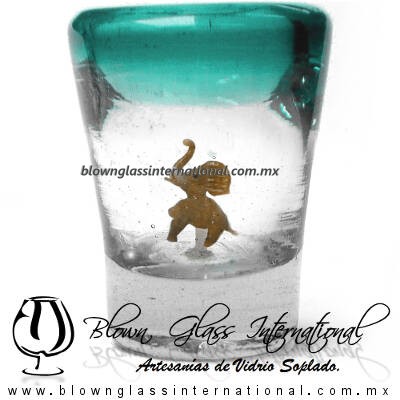 Tequilero Cónico con Elefante y borde Teal (Turquesa). Fábrica de Vidrio Soplado Artesanal, made in México - Blown Glass Factory Store Tonala, Handcraft, Handmade.