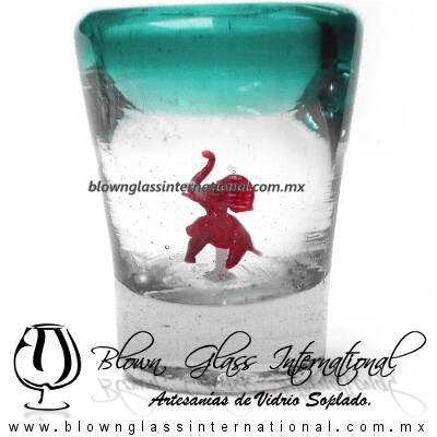 Tequilero Cónico con Elefante y borde Teal (Turquesa). Fábrica de Vidrio Soplado Artesanal, made in México - Blown Glass Factory Store Tonala, Handcraft, Handmade.