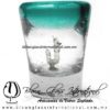 Tequilero Cónico con Gusano y borde de color azul Teal (Turquesa). Fábrica de Vidrio Soplado Artesanal, made in México - Blown Glass Factory Store Tonala, Handcraft, Handmade.