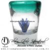 Tequilero Cónico con Agave y borde Azul Teal (Turquesa). Fábrica de Vidrio Soplado Artesanal, made in México - Blown Glass Factory Store Tonala, Handcraft, Handmade.
