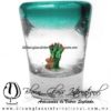 Tequilero Cónico con Nopal-Rancherito y Borde de Color Azul Teal (Turquesa). Fábrica de Vidrio Soplado Artesanal, made in México - Blown Glass Factory Store Tonala, Handcraft, Handmade.