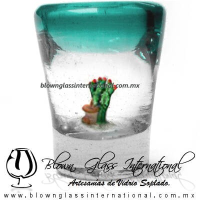 Tequilero Cónico con Nopal-Rancherito y Borde de Color Azul Teal (Turquesa). Fábrica de Vidrio Soplado Artesanal, made in México - Blown Glass Factory Store Tonala, Handcraft, Handmade.