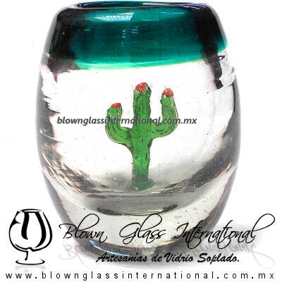Tequilero Barril con Cactus y borde de color. Fábrica de Vidrio Soplado Artesanal, made in México - Blown Glass Factory Store Tonala, Handcraft, Handmade.