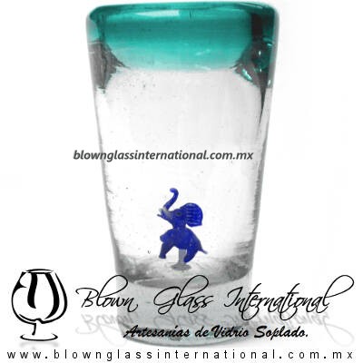 Tequilero Cónico con Elefante y borde Teal (Turquesa). Fábrica de Vidrio Soplado Artesanal, made in México - Blown Glass Factory Store Tonala, Handcraft, Handmade.