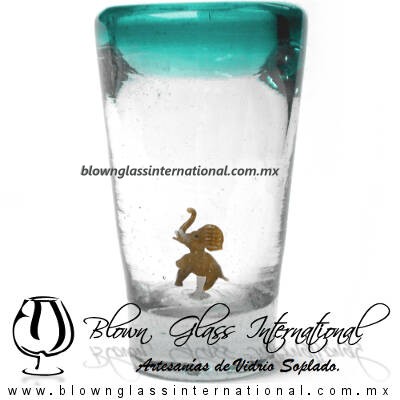 Tequilero Cónico con Elefante y borde Teal (Turquesa). Fábrica de Vidrio Soplado Artesanal, made in México - Blown Glass Factory Store Tonala, Handcraft, Handmade.