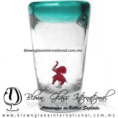 Tequilero Cónico con Elefante y borde Teal (Turquesa). Fábrica de Vidrio Soplado Artesanal, made in México - Blown Glass Factory Store Tonala, Handcraft, Handmade.