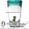 Tequilero Cónico con Nopal-Rancherito y Borde de Color Azul Teal (Turquesa). Fábrica de Vidrio Soplado Artesanal, made in México - Blown Glass Factory Store Tonala, Handcraft, Handmade.