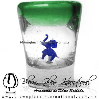 Tequilero Cónico con Elefante y borde Verde Jade. Fábrica de Vidrio Soplado Artesanal, made in México - Blown Glass Factory Store Tonala, Handcraft, Handmade.