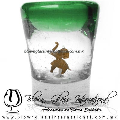 Tequilero Cónico con Elefante y borde Verde Jade. Fábrica de Vidrio Soplado Artesanal, made in México - Blown Glass Factory Store Tonala, Handcraft, Handmade.