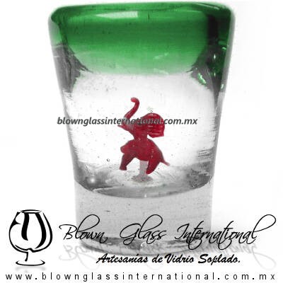 Tequilero Cónico con Elefante y borde Verde Jade. Fábrica de Vidrio Soplado Artesanal, made in México - Blown Glass Factory Store Tonala, Handcraft, Handmade.