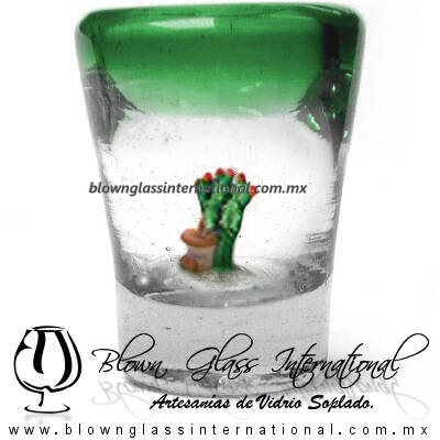 Tequilero Cónico con Nopal-Rancherito y Borde de Color Verde Jade. Fábrica de Vidrio Soplado Artesanal, made in México - Blown Glass Factory Store Tonala, Handcraft, Handmade.