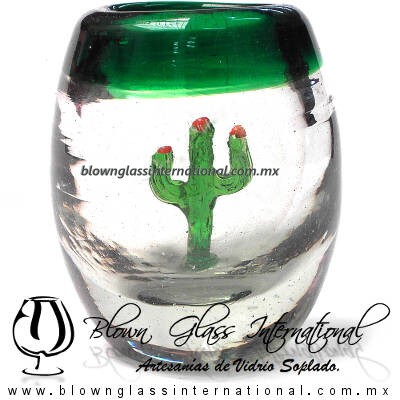 Tequilero Barril con Cactus y borde de color. Fábrica de Vidrio Soplado Artesanal, made in México - Blown Glass Factory Store Tonala, Handcraft, Handmade.