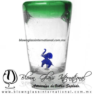 Tequilero Cónico con Elefante y borde Verde Jade. Fábrica de Vidrio Soplado Artesanal, made in México - Blown Glass Factory Store Tonala, Handcraft, Handmade.