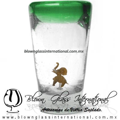 Tequilero Cónico con Elefante y borde Verde Jade. Fábrica de Vidrio Soplado Artesanal, made in México - Blown Glass Factory Store Tonala, Handcraft, Handmade.