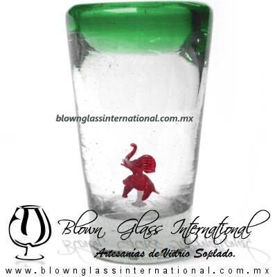 Tequilero Cónico con Elefante y borde Verde Jade. Fábrica de Vidrio Soplado Artesanal, made in México - Blown Glass Factory Store Tonala, Handcraft, Handmade.