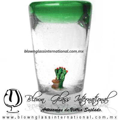 Tequilero Cónico con Nopal-Rancherito y Borde de Color Verde Jade. Fábrica de Vidrio Soplado Artesanal, made in México - Blown Glass Factory Store Tonala, Handcraft, Handmade.