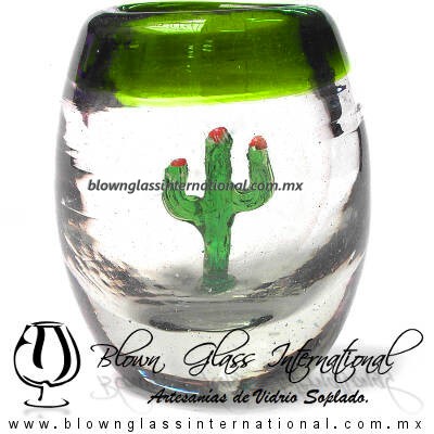 Tequilero Barril con Cactus y borde de color. Fábrica de Vidrio Soplado Artesanal, made in México - Blown Glass Factory Store Tonala, Handcraft, Handmade.