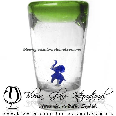 Tequilero Cónico con Elefante y borde Verde Lima. Fábrica de Vidrio Soplado Artesanal, made in México - Blown Glass Factory Store Tonala, Handcraft, Handmade.