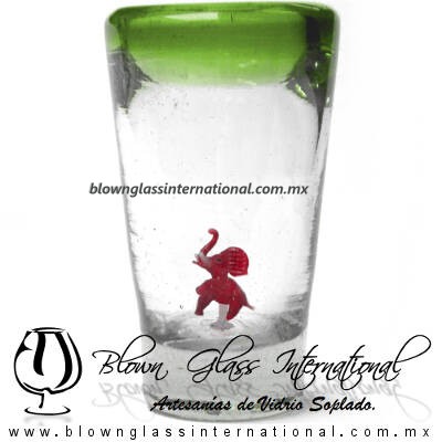 Tequilero Cónico con Elefante y borde Verde Lima. Fábrica de Vidrio Soplado Artesanal, made in México - Blown Glass Factory Store Tonala, Handcraft, Handmade.