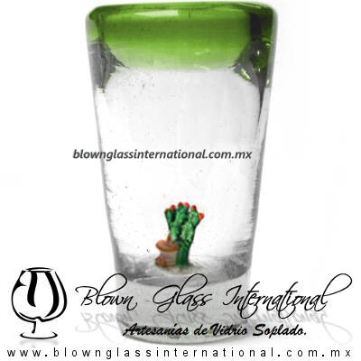 Tequilero Cónico con Nopal-Rancherito y Borde de Color Verde Lima. Fábrica de Vidrio Soplado Artesanal, made in México - Blown Glass Factory Store Tonala, Handcraft, Handmade.