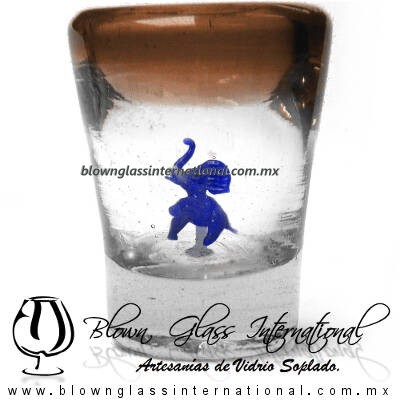 Tequilero Cónico con Elefante y borde Ámbar. Fábrica de Vidrio Soplado Artesanal, made in México - Blown Glass Factory Store Tonala, Handcraft, Handmade.