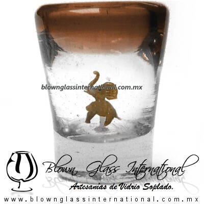 Tequilero Cónico con Elefante y borde Ámbar. Fábrica de Vidrio Soplado Artesanal, made in México - Blown Glass Factory Store Tonala, Handcraft, Handmade.