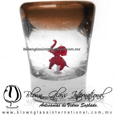 Tequilero Cónico con Elefante y borde Ámbar. Fábrica de Vidrio Soplado Artesanal, made in México - Blown Glass Factory Store Tonala, Handcraft, Handmade.