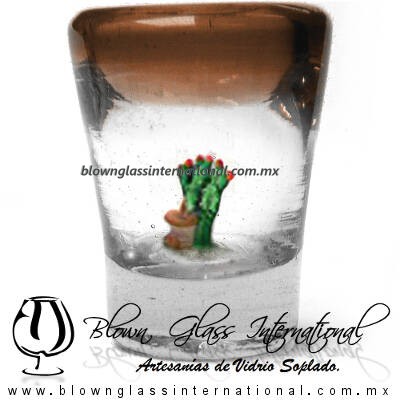 Tequilero Cónico con Nopal-Rancherito y Borde de Color Ámbar. Fábrica de Vidrio Soplado Artesanal, made in México - Blown Glass Factory Store Tonala, Handcraft, Handmade.