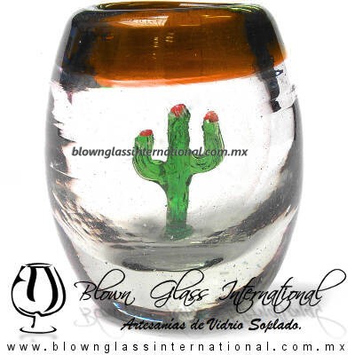Tequilero Barril con Cactus y borde de color. Fábrica de Vidrio Soplado Artesanal, made in México - Blown Glass Factory Store Tonala, Handcraft, Handmade.