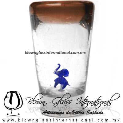 Tequilero Cónico con Elefante y borde Ámbar. Fábrica de Vidrio Soplado Artesanal, made in México - Blown Glass Factory Store Tonala, Handcraft, Handmade.