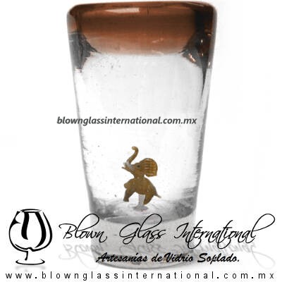 Tequilero Cónico con Elefante y borde Ámbar. Fábrica de Vidrio Soplado Artesanal, made in México - Blown Glass Factory Store Tonala, Handcraft, Handmade.