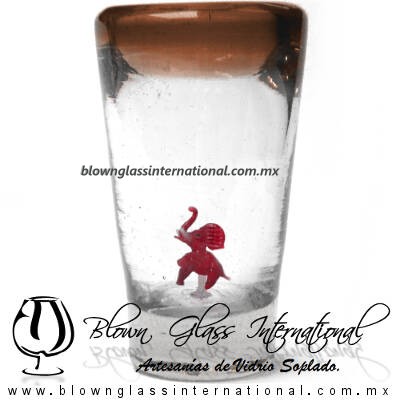 Tequilero Cónico con Elefante y borde Ámbar. Fábrica de Vidrio Soplado Artesanal, made in México - Blown Glass Factory Store Tonala, Handcraft, Handmade.
