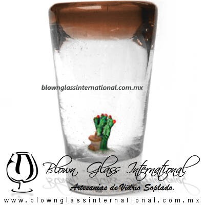 Tequilero Cónico con Nopal-Rancherito y Borde de Color Ámbar. Fábrica de Vidrio Soplado Artesanal, made in México - Blown Glass Factory Store Tonala, Handcraft, Handmade.