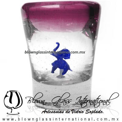 Tequilero Cónico con Elefante y borde Amatista. Fábrica de Vidrio Soplado Artesanal, made in México - Blown Glass Factory Store Tonala, Handcraft, Handmade.