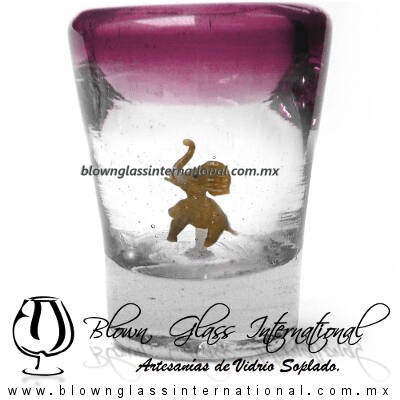 Tequilero Cónico con Elefante y borde Amatista. Fábrica de Vidrio Soplado Artesanal, made in México - Blown Glass Factory Store Tonala, Handcraft, Handmade.