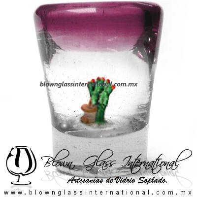 Tequilero Cónico con Nopal-Rancherito y Borde de Color Amatista. Fábrica de Vidrio Soplado Artesanal, made in México - Blown Glass Factory Store Tonala, Handcraft, Handmade.