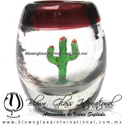 Tequilero Barril con Cactus y borde de color. Fábrica de Vidrio Soplado Artesanal, made in México - Blown Glass Factory Store Tonala, Handcraft, Handmade.