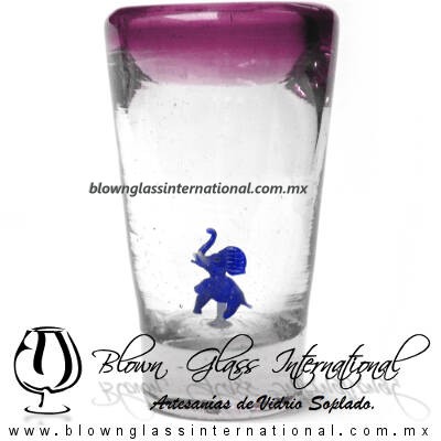 Tequilero Cónico con Elefante y borde Amatista. Fábrica de Vidrio Soplado Artesanal, made in México - Blown Glass Factory Store Tonala, Handcraft, Handmade.