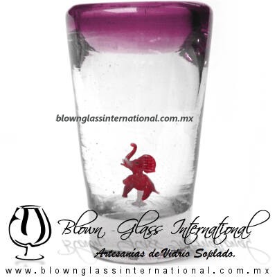 Tequilero Cónico con Elefante y borde Amatista. Fábrica de Vidrio Soplado Artesanal, made in México - Blown Glass Factory Store Tonala, Handcraft, Handmade.