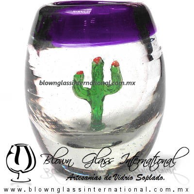 Tequilero Barril con Cactus y borde de color. Fábrica de Vidrio Soplado Artesanal, made in México - Blown Glass Factory Store Tonala, Handcraft, Handmade.