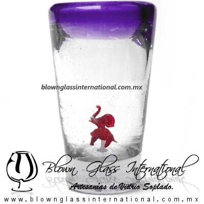 Tequilero Cónico con Elefante y borde Morado. Fábrica de Vidrio Soplado Artesanal, made in México - Blown Glass Factory Store Tonala, Handcraft, Handmade.
