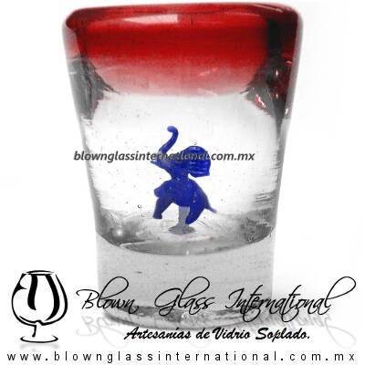 Tequilero Cónico con Elefante y borde Rojo. Fábrica de Vidrio Soplado Artesanal, made in México - Blown Glass Factory Store Tonala, Handcraft, Handmade.