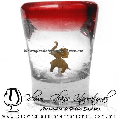 Tequilero Cónico con Elefante y borde Rojo. Fábrica de Vidrio Soplado Artesanal, made in México - Blown Glass Factory Store Tonala, Handcraft, Handmade.