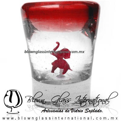 Tequilero Cónico con Elefante y borde Rojo. Fábrica de Vidrio Soplado Artesanal, made in México - Blown Glass Factory Store Tonala, Handcraft, Handmade.