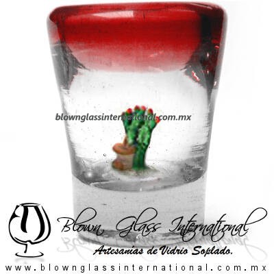 Tequilero Cónico con Nopal-Rancherito y Borde de Color Rojo. Fábrica de Vidrio Soplado Artesanal, made in México - Blown Glass Factory Store Tonala, Handcraft, Handmade.