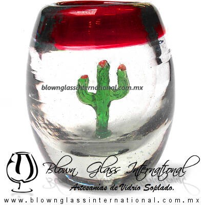Tequilero Barril con Cactus y borde de color. Fábrica de Vidrio Soplado Artesanal, made in México - Blown Glass Factory Store Tonala, Handcraft, Handmade.